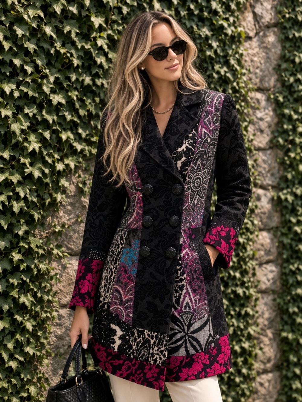 ANANY Artisan Multicolor Patchwork Double Breasted Boho Quilted Jacket, S